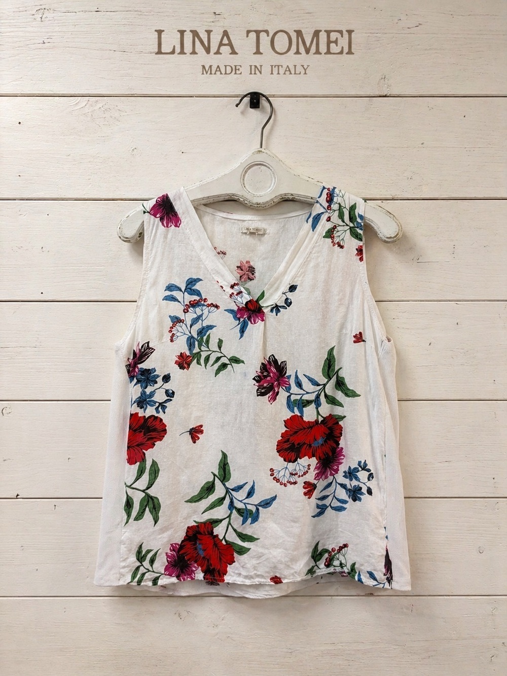 LINA TOMEI Floral Sleeveless Blouse White Size L